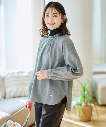 フロントギャザー 千鳥柄 ブラウス