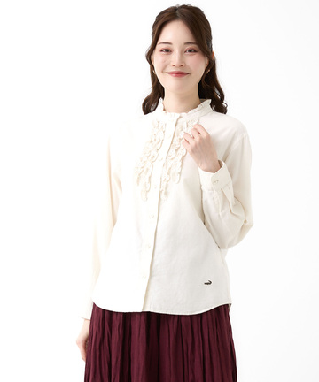 刺繍フリルデザイン 長袖 ブラウス