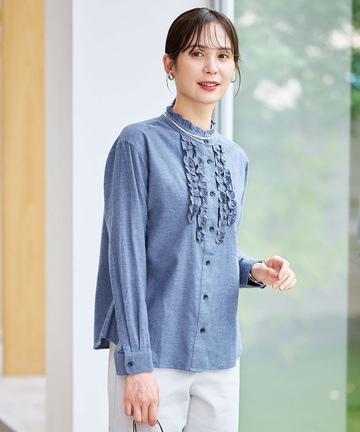 刺繍フリルデザイン 長袖 ブラウス