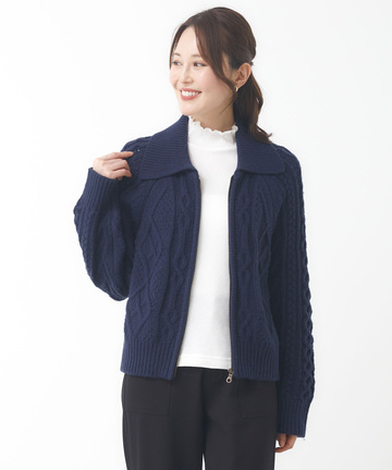 ウールブレンド ケーブル ジップカーディガン