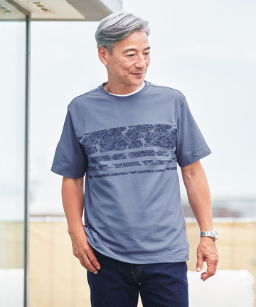 鹿の子 リーフプリント柄 Tシャツ【吸汗速乾】