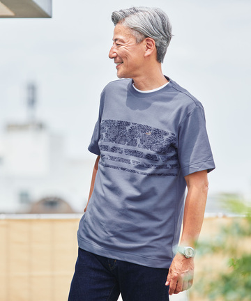 鹿の子 リーフプリント柄 Tシャツ【吸汗速乾】