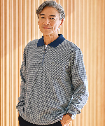 千鳥柄 ハーフジップ ポロシャツ