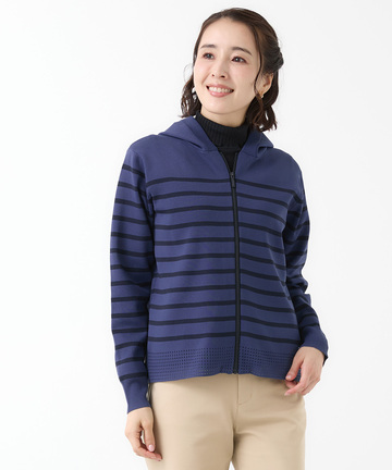 ボーダー柄 ジップアップ ニットパーカー【手洗いOK】