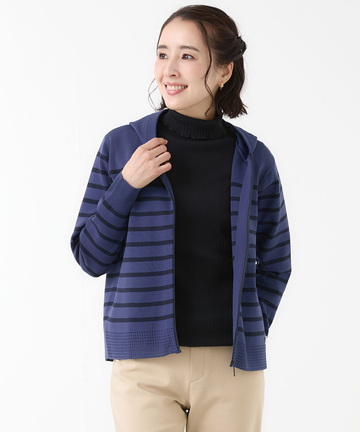 ボーダー柄 ジップアップ ニットパーカー【手洗いOK】