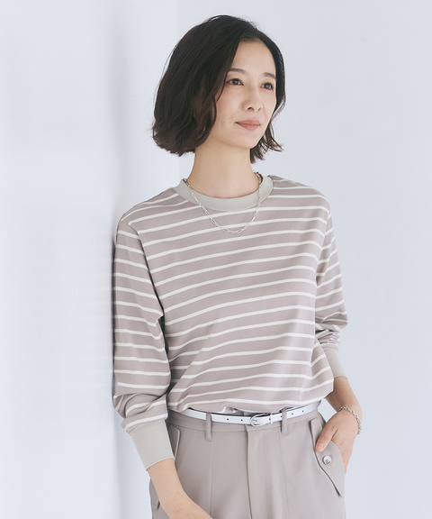 リブ切り替え ボーダー ロングTシャツ