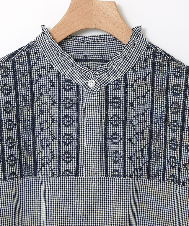 レース刺繡 ギンガムチェック ブラウス