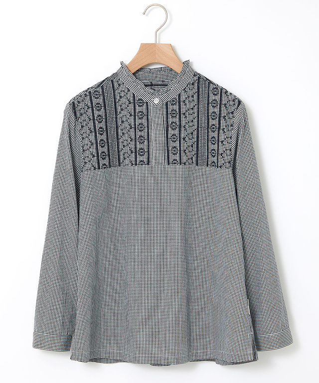 レース刺繡 ギンガムチェック ブラウス