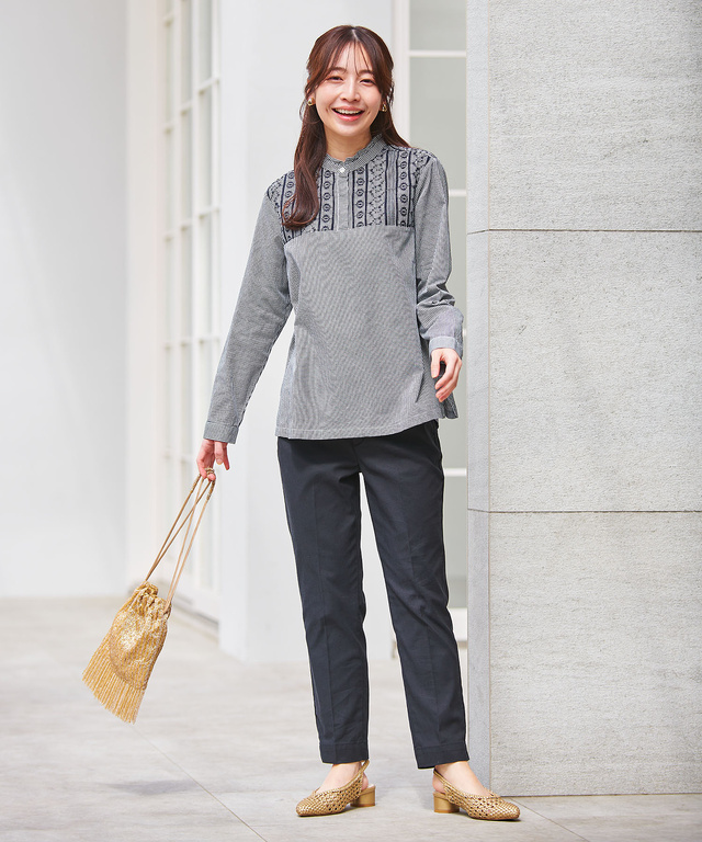 レース刺繡 ギンガムチェック ブラウス