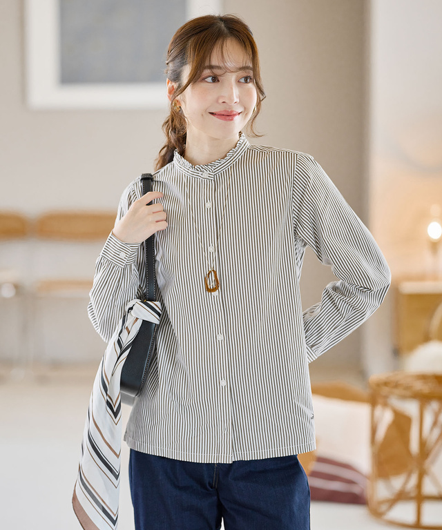 フリルカラー ストライプ ブラウス