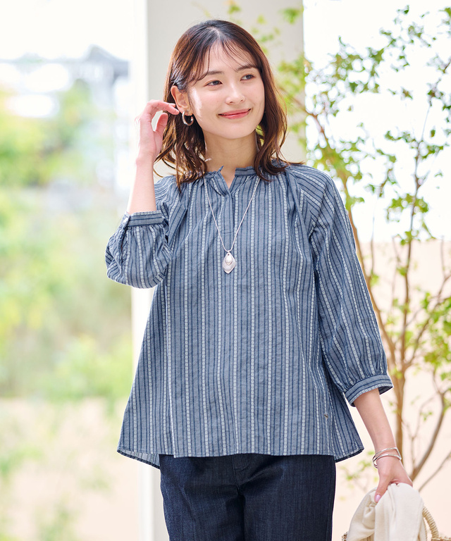 ジャカード スキッパー 七分袖ブラウス 