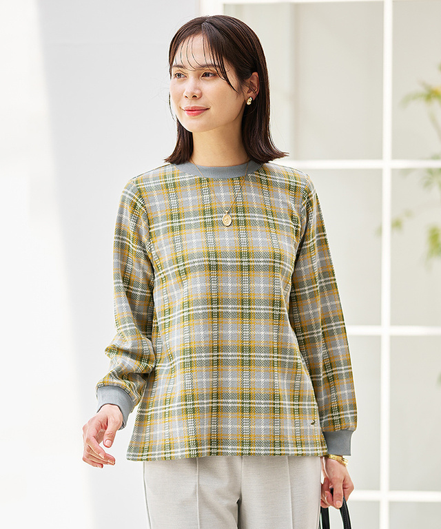 チェック柄 リブ配色 プルオーバー