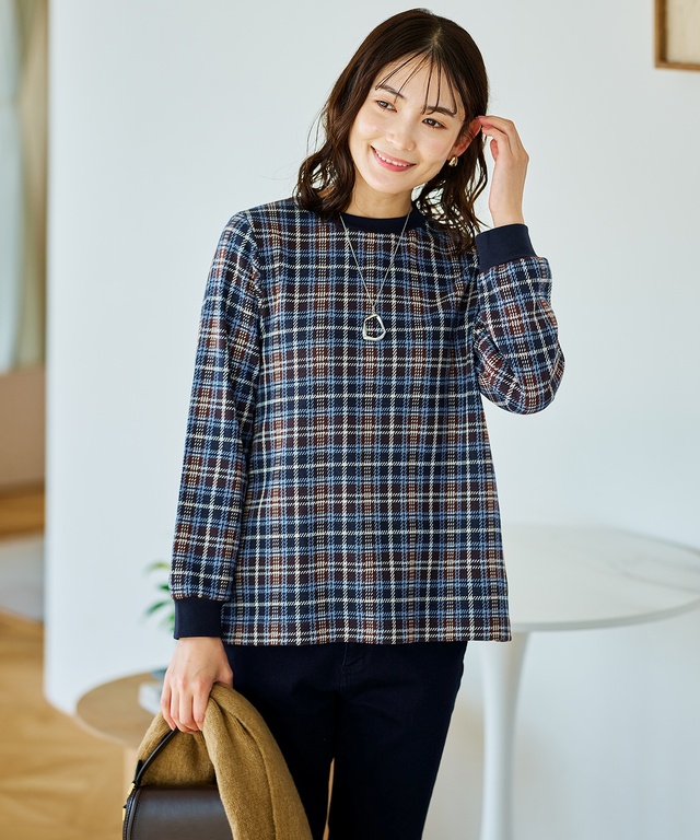 チェック柄 リブ配色 プルオーバー