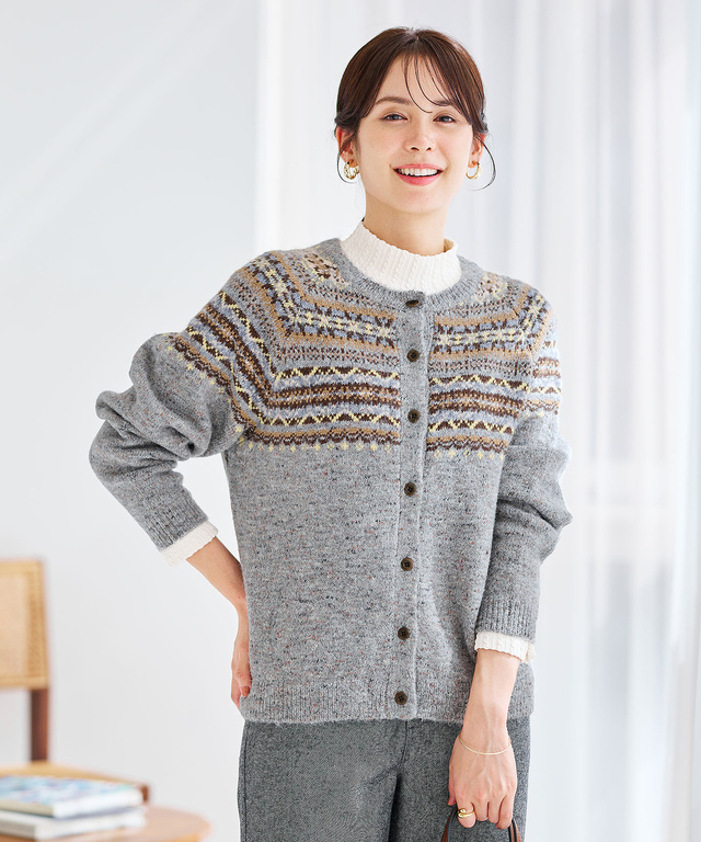 ウールブレンド フェアアイル柄 ニットカーディガン 【手洗いOK】