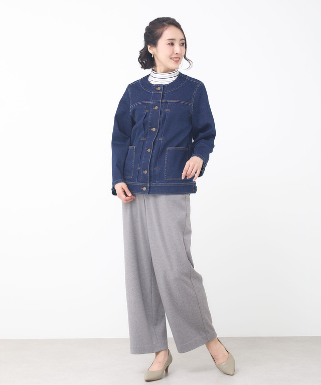 ノーカラー デニムジャケット