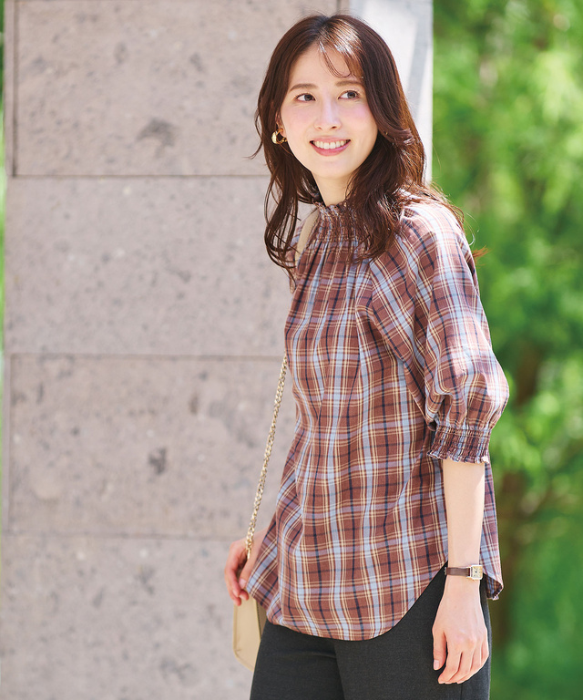 シャーリング 2WAY チェックブラウス