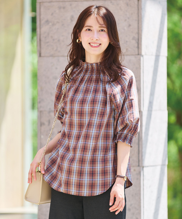 シャーリング 2WAY チェックブラウス