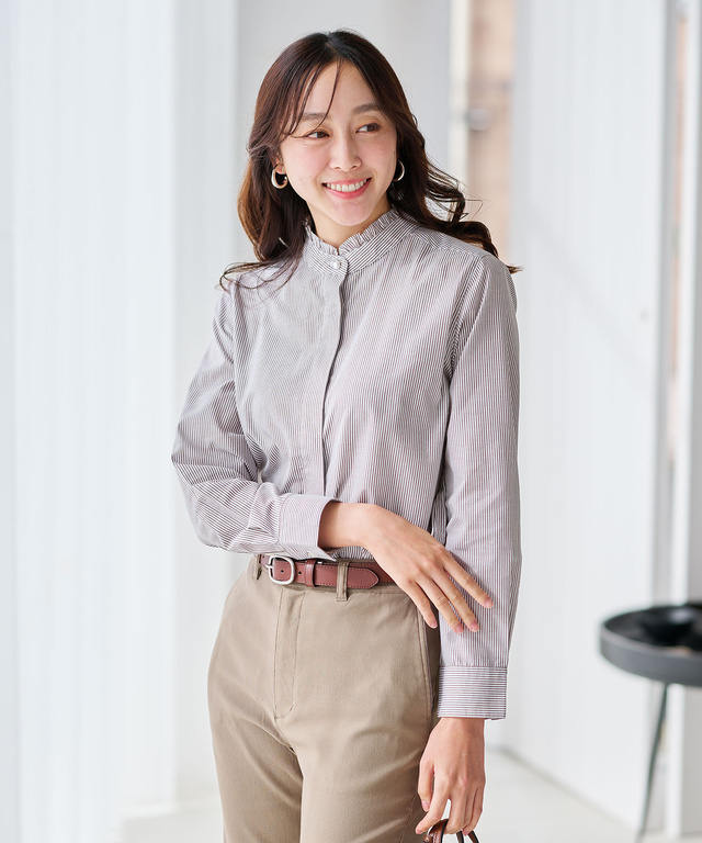 フリルカラー ストライプ ブラウス