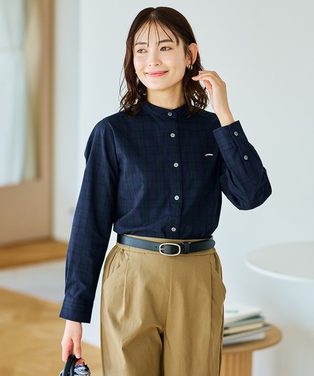 バンドカラー チェック柄 ブラウス