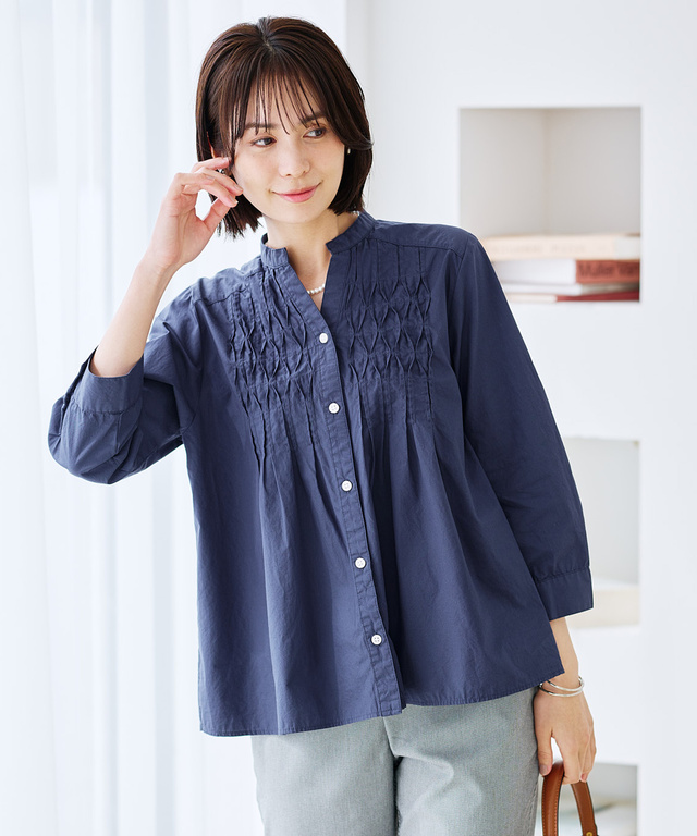 ピンタック バンドカラー ブラウス