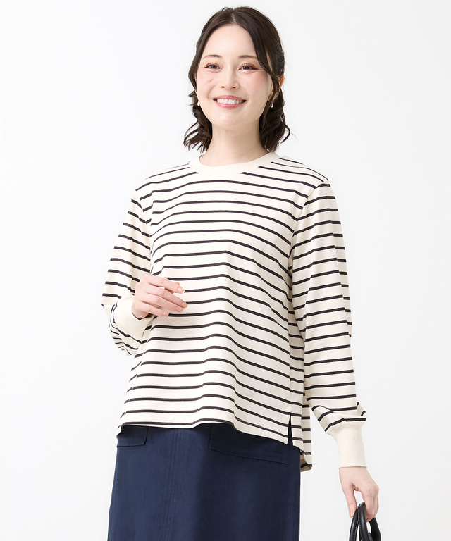 リブ切り替え ボーダー ロングTシャツ