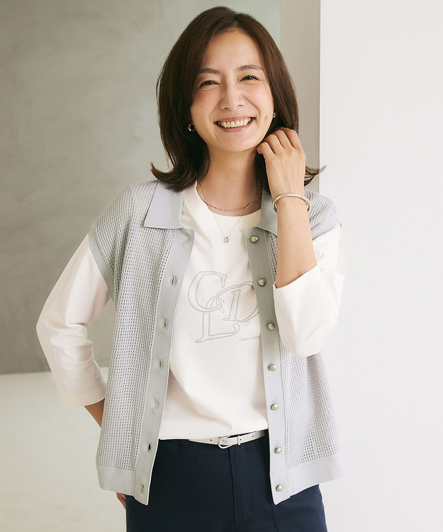 メッシュ編み ニット ポロベスト