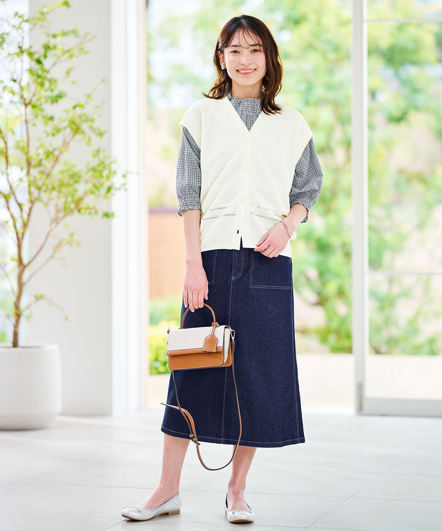 裾編み柄 Vネックベスト【手洗いOK】