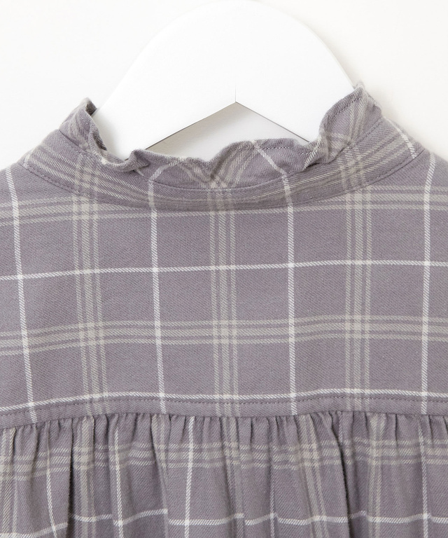 起毛 襟フリル チェックチュニック