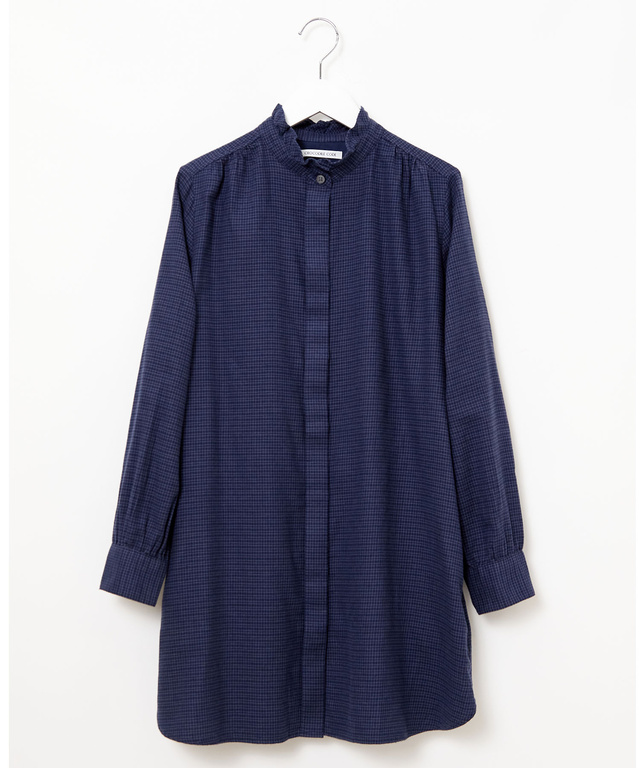 起毛 襟フリル チェックチュニック