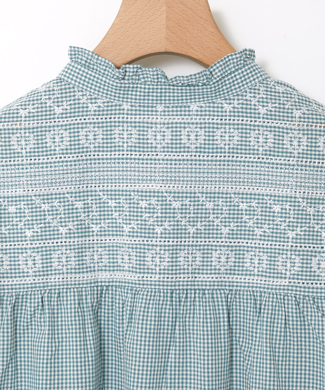 レース刺繍 ギンガムチェック ブラウス