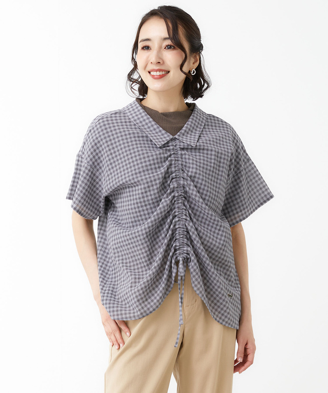 フロントギャザー チェック ブラウス