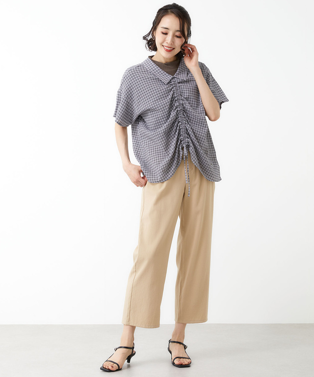 フロントギャザー チェック ブラウス