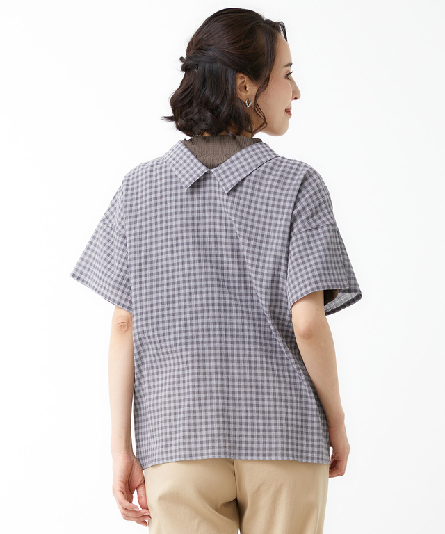 フロントギャザー チェック ブラウス