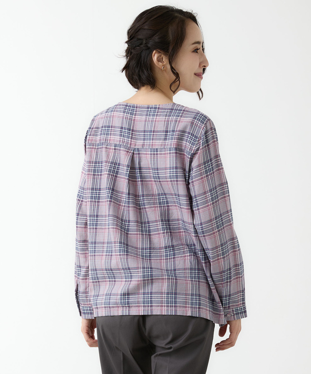 スキッパー チェック柄 ブラウス