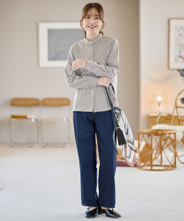 フリルカラー  ストライプ ブラウス