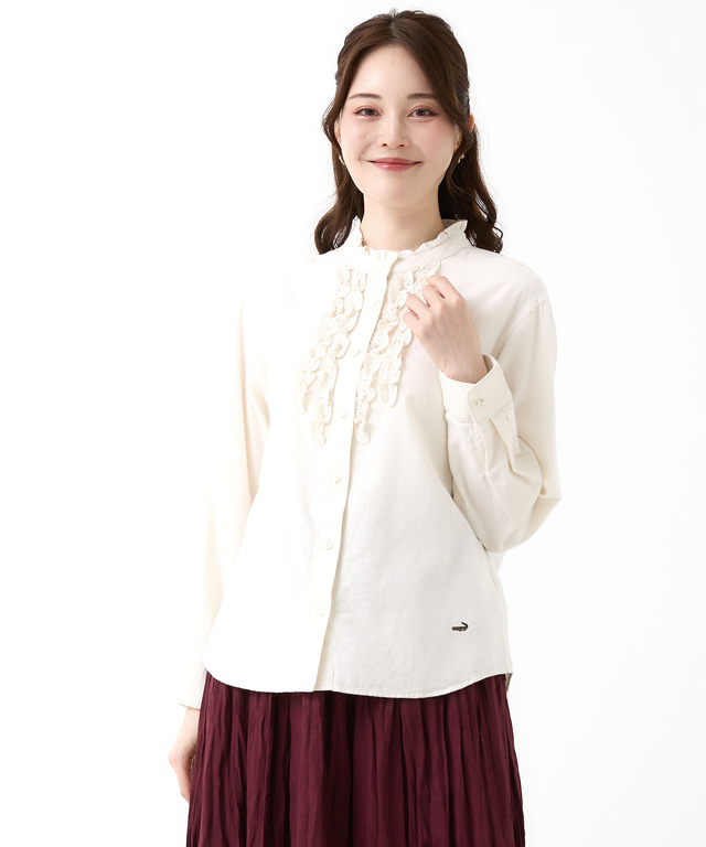 刺繍フリルデザイン 長袖 ブラウス