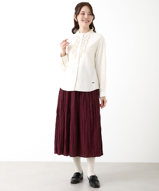 刺繍フリルデザイン 長袖 ブラウス