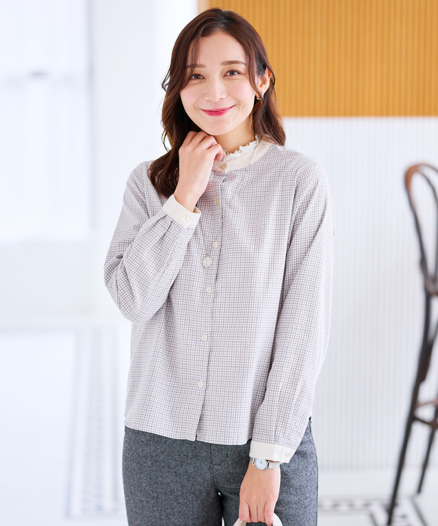 バンドカラー チェック柄 ブラウス