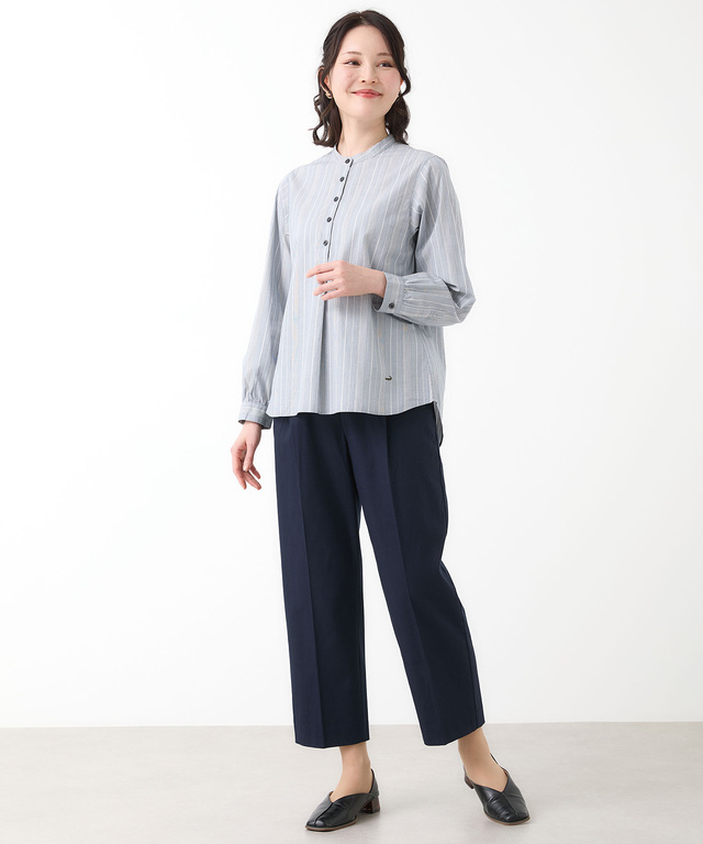 ストライプ バンドカラー ブラウス