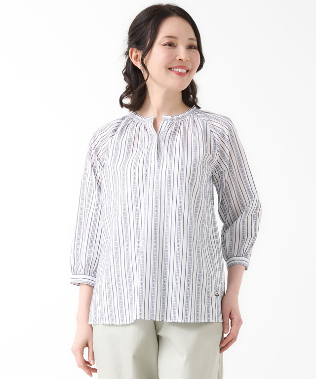 ジャカード スキッパー 七分袖ブラウス 