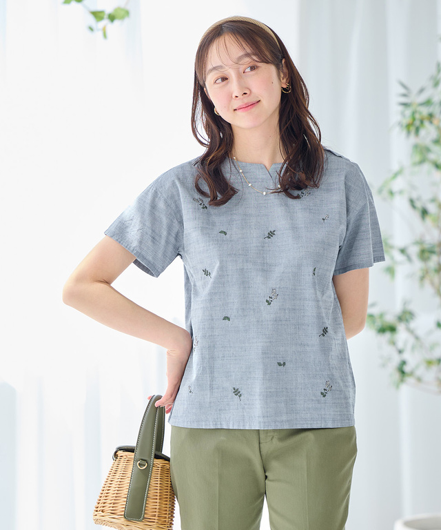 ダンガリー 刺繍 ブラウス