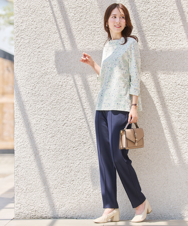 花柄 七分袖 ハイネックカットソー