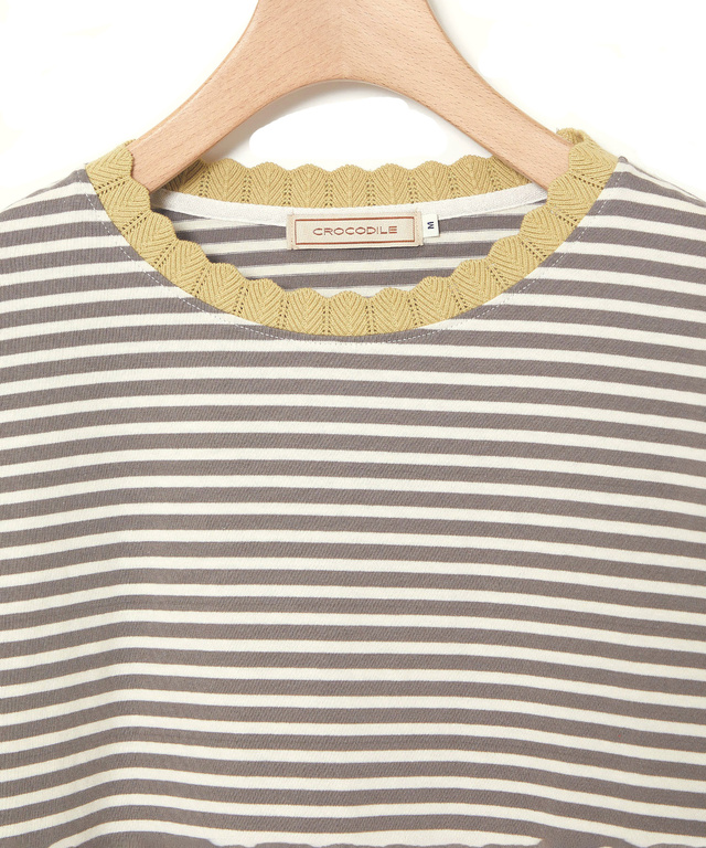 襟ニット ボーダー Tシャツ
