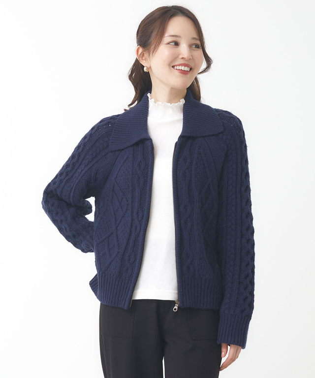 ウールブレンド ケーブル ジップカーディガン