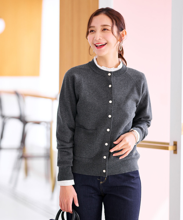 クルーネック ダブルニット カーディガン【手洗いOK】