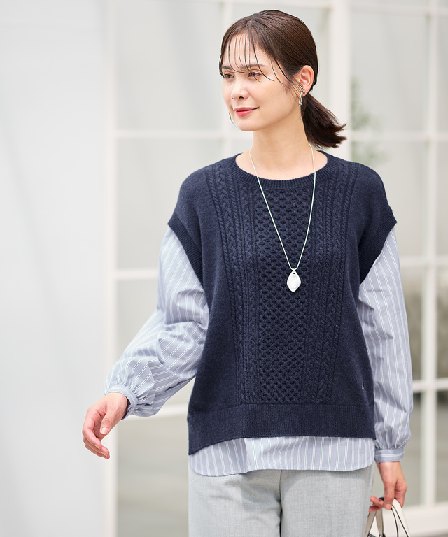 ウールブレンド ストライプ ドッキング ニット【手洗いOK】【オンラインショップ限定】