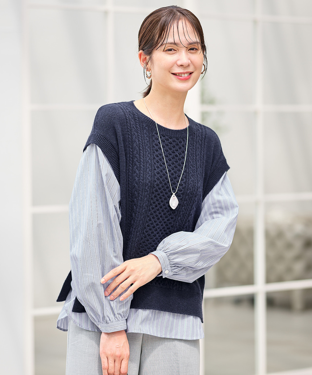 ウールブレンド ストライプ ドッキング ニット【手洗いOK】【オンラインショップ限定】