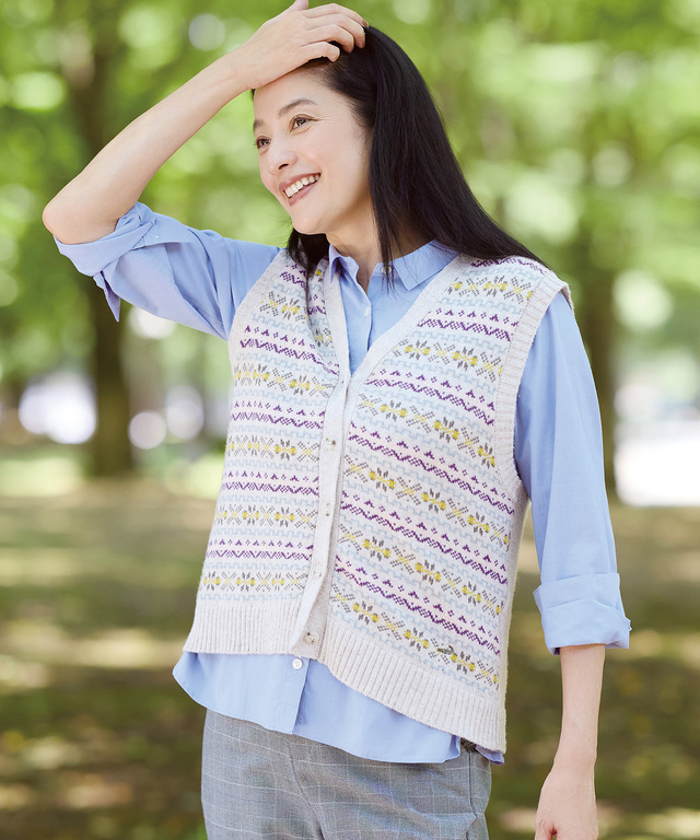 ウールブレンド フェアアイル柄 ニット ベスト【手洗いOK】