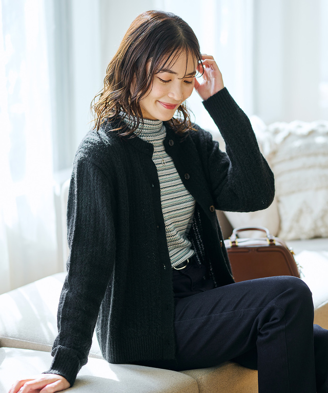 ウールブレンド ケーブル ニットカーディガン【手洗いOK】