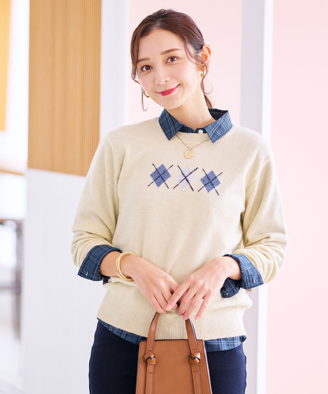 ウールブレンド アーガイル柄 ニット【手洗いOK】